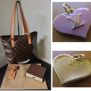 5 Louis Vuitton items. Piano Tote bag, LV pendant, luggage tag, LV box & dustbag
